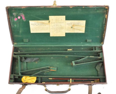 Westley Richards &amp; Co brass and leather bound double shotgun carry case with fitted interior and 'Westley Richards &amp; 