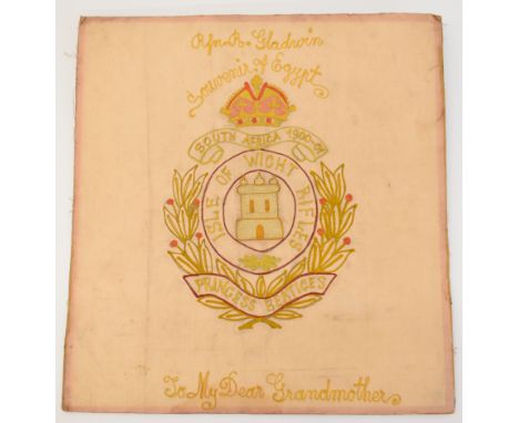 Princess Beatrice's Isle of Wight Rifles WW1 souvenir of Egypt tapestry by Gladwin and with dedication to his grandmother to 