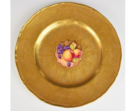 Royal Worcester painted fruit cabinet plate with heavily gilded surround, signed Price, diameter 27.5cm