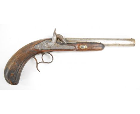 Percussion hammer action target pistol with engraved lock, hammer, scrolling trigger guard and top strap, chequered grip and 