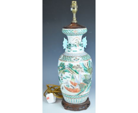19thC Chinese famille verte table lamp, with fishing scene decoration, H50cm