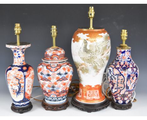 Four Japanese Imari / Kutani table lamps, tallest 53cm
