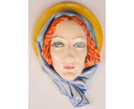 Rudolph Podany for Keramas signed Art Deco mask wall plaque impressed, verso 975, H10.5cm