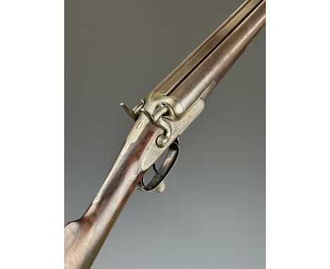 English 12 bore side by side hammer action shotgun with engraved locks named 'F Sharp', engraved hammers, underside, rotary u