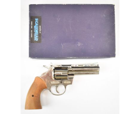Bruni Magnum .380/ 9mm six-shot double-action blank firing revolver with wooden grips, plated finish and 4 inch barrel, overa