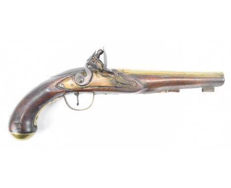 Unnamed 28 bore flintlock holster pistol with engraved top strap, brass trigger guard and mounts, vacant brass wrist cartouch