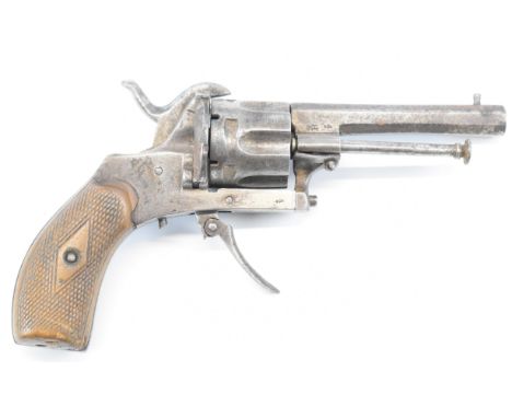 Belgian six-shot double-action pinfire revolver with chequered wooden grips, folding trigger and 3 inch octagonal smooth bore