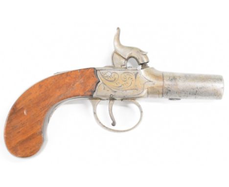 English percussion hammer action pocket pistol with engraved lock, trigger guard and top strap, shaped wooden grip and 2 inch