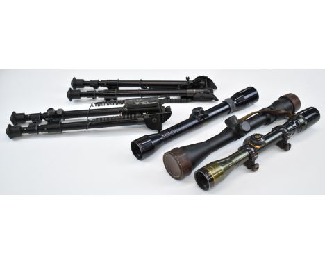 Five rifle or air rifle accessories comprising two Harris S25 bi-pods and three scopes Nikko Stirling Silbver Crown 4x32, Rhi