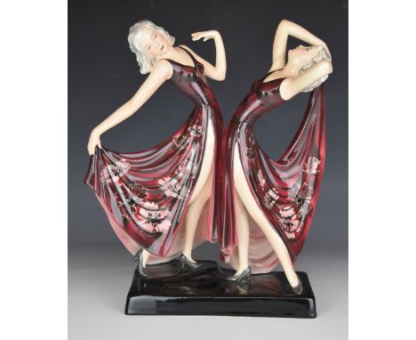 Stephan Dakon for Goldscheider Art Deco twin dancers 'Dolly Sisters' c1939, model number 7868, with incised and printed marks