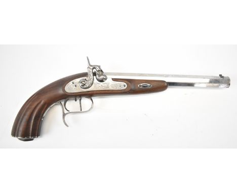Armi Sport Le Page .45 percussion hammer action pistol with named and engraved lock, adjustable set trigger, carved grip, sha