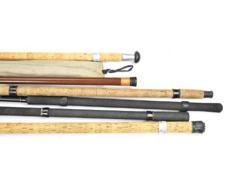 Seven split cane, carbon fibre and fibreglass coarse and carp fishing rods including Chapman 'The Hunter', Quicksilver 13' Ma