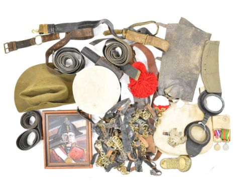 Collection of militaria including chinstraps, Sam Browne belt, haversack, picture 'The Major of Marines' signed Chris Golds 1