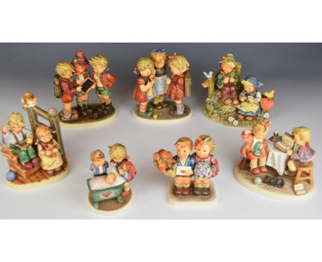 Seven Goebel Hummel larger figural groups including First Love, Wishes Come True, School Girls and Togetherness, tallest 18cm