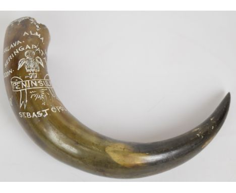 Crimea and Penninsular War interest horn carved&nbsp;with Seringapatam, Peninsular and Crimea, Prince of Wales feathers, Bada