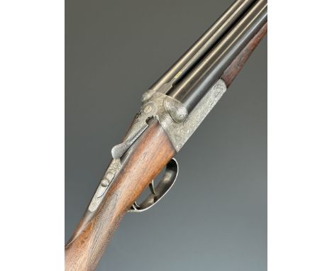 AYA Model 25 12 bore side by side ejector shotgun with named and engraved locks, engraved underside, trigger guard, top plate