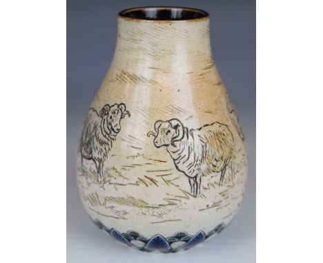 Hannah Barlow for Royal Doulton vase with sgraffito decoration of sheep, H14cm