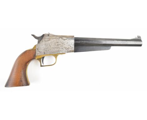 San Marco .44 pistol with engraved scenes to the action featuring cowboys on horses in the desert to one side and a man panni