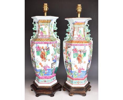 Pair of Chinese famille verte vases drilled for lamps, with figural decoration, height excluding lamp fitting, 44cm