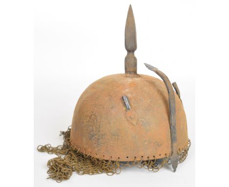 Middle Eastern style helmet with spike finial and chain mail surround, height including chain mail 48cm