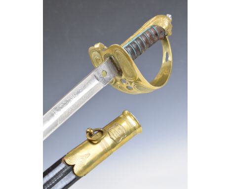 Royal Navy sword by Manton &amp; Co England with lion head pommel, fouled anchor motif to guard, leather covered grip, 80cm p