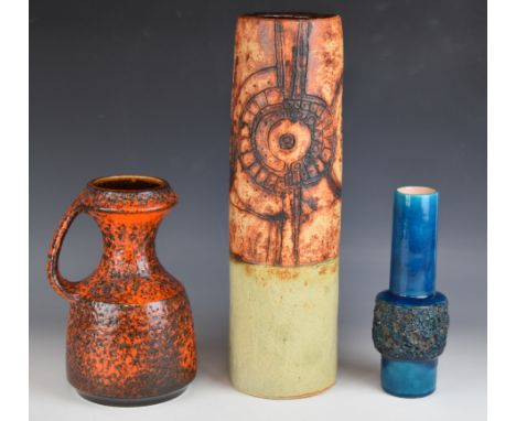 Retro / mid century modern West German pottery vases comprising a blue lava vase, orange jug and a large sleeve vase with inc