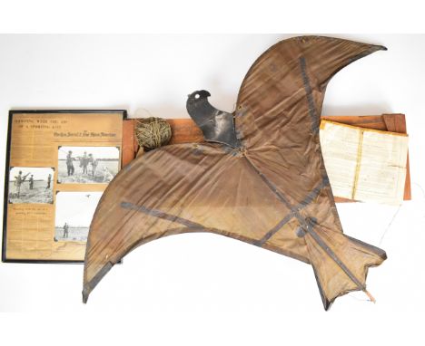 P Dart of London Victorian sportsman's kite in the form of a hawk with wooden frame and silk wings, in original pine box with
