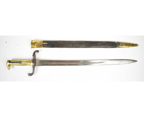 German 1871 pattern bayonet with brass grip, E Wilhelm to the ricasso, stamped W&amp;S to spine of 46.5cm blade and with regi