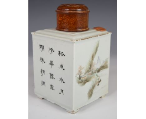Chinese republic period footed tea caddy with hardwood cover, landscape and enamelled script decoration, H16cm&nbsp;&nbsp;
