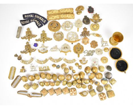 Collection of British Army badges, buttons and insignia including First Surrey Rifles, Royal Signals economy badge, cloth Hom