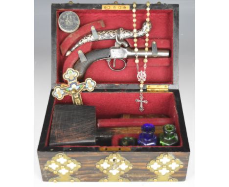 Vampire slaying kit comprising a 19thC percussion hammer action pocket pistol with engraved locks, chequered grip, vacant wri