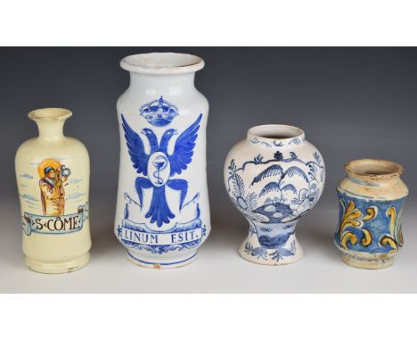 Four 18th to 20thC albarello / apothecary jars, two with Latin script, tallest 26cm