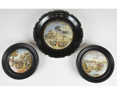 Three Prattware pot lids comprising The Grand International Building of 1851 for Exhibition of Art and Industry, Sandringham 