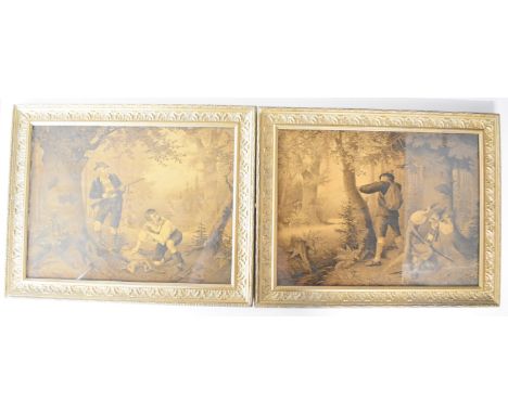 A pair of Victorian German shooting / hunting prints monogrammed 'DAM' featuring poachers shooting at a gamekeeper, each 37 x