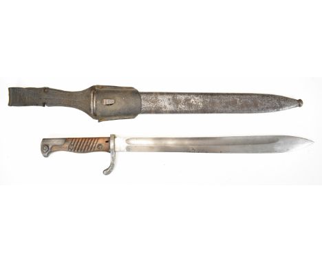 German WW1 98/05 pattern bayonet with part muzzle ring, slatted wooden grips, Alex Coppel Solingen to ricasso, 37cm fullered 