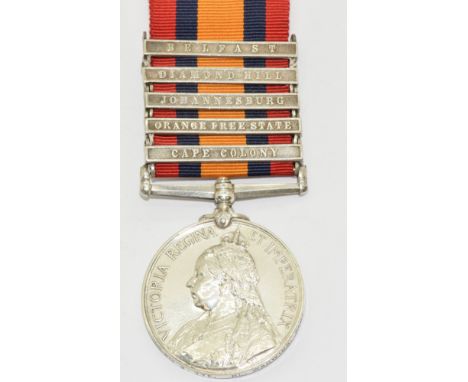 Queen's South Africa Medal with clasps for Cape Colony, Orange Free State, Johannesburg, Diamond Hill and Belfast named to 31