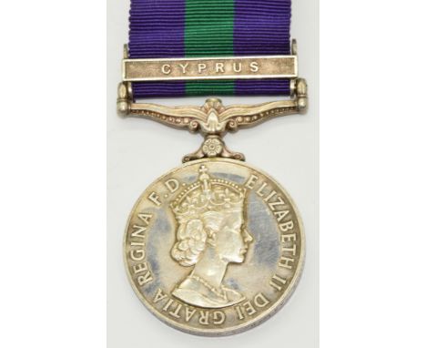 British Army General Service Medal with clasp for Cyprus named to 23419438 Signalman NFS Whatley, Royal Signals