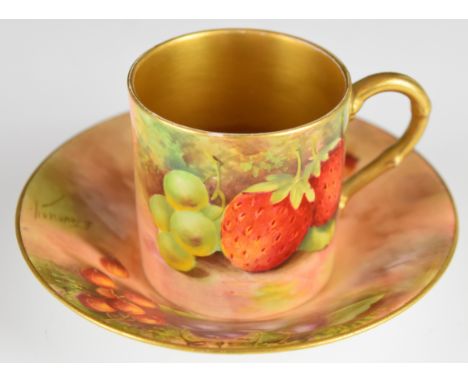 Royal Worcester painted fruit coffee can and saucer decorated with strawberries, cherries, gooseberries and raspberries, both
