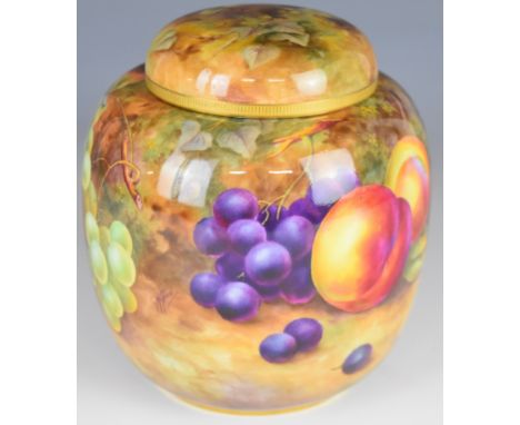 Royal Worcester painted fruit ginger jar and cover decorated with peaches, grapes, apples, strawberries and blackberries, sig