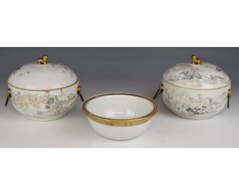 Two 19thC Chinese twin handled covered dishes / food warmers with Dog of Fo finials, one with integral liner decorated with f