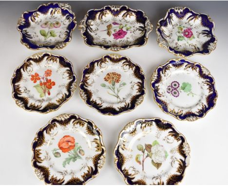 Davenport 19thC dessert service with gadrooned, pierced and gilt rims and floral decoration, largest item length 27cm