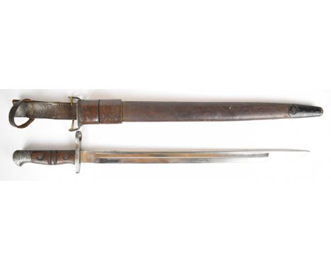 American WW1 Remington bayonet dated 1917 with wooden grips, 43cm fullered blade, scabbard and frog.&nbsp;PLEASE NOTE: WE ARE