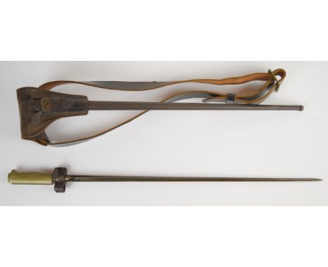 French 1866 pattern Lebel bayonet with metal grip, 52cm cruciform blade marked JM, scabbard, frog and belt.&nbsp;PLEASE NOTE: