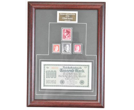 German Nazi Third Reich stamps and a banknote, framed and glazed