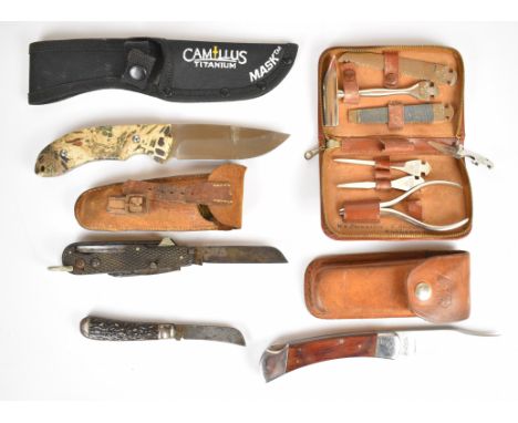 Four various knives comprising Mappin &amp; Webb 'Trustnorth' clasp knife with seven blades and leather pouch, Cherokee Solig