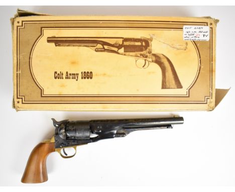 Euroarms Model 1860 Army .44 six shot single action percussion revolver with engraved scenes of ships to the cylinder, brass 