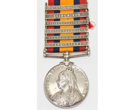 Queen's South Africa Medal with clasps for Cape Colony, Tugela Heights, Orange Free State, Relief of Ladysmith, Laing's Nek a