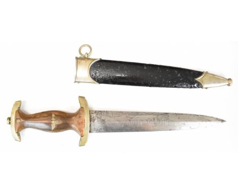 German Nazi Third Reich SA dagger with area mark Nm to crossguard, Gersch Solingen to 22cm double edged blade and scabbard. P
