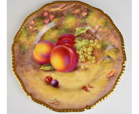 Royal Worcester painted fruit cabinet plate with gadrooned and gilded rim, signed Ayrton, diameter 24cm
