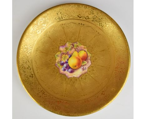 Royal Worcester painted fruit cabinet plate with heavily gilded surround, signed Stanley, diameter 23.5cm